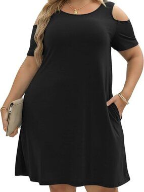 Women's Cold Shoulder Plus Size Casual T-Shirt Stretchy Swing Dress with Pockets